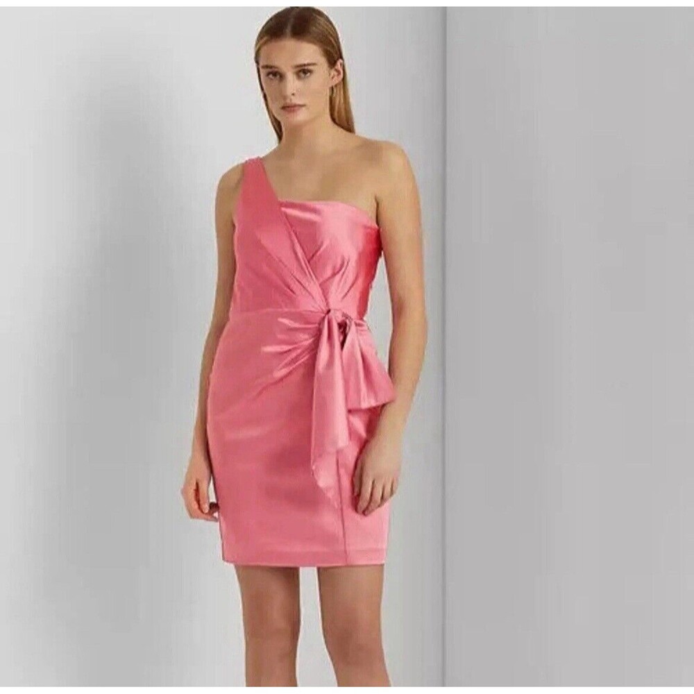 (R7) Lauren Ralph Lauren Satin One-Shoulder Cocktail Dress In Pink Size 16